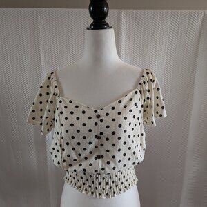 Monteau Los Angeles Polka Dot Linen Blend Top Size Large Smocked waistband